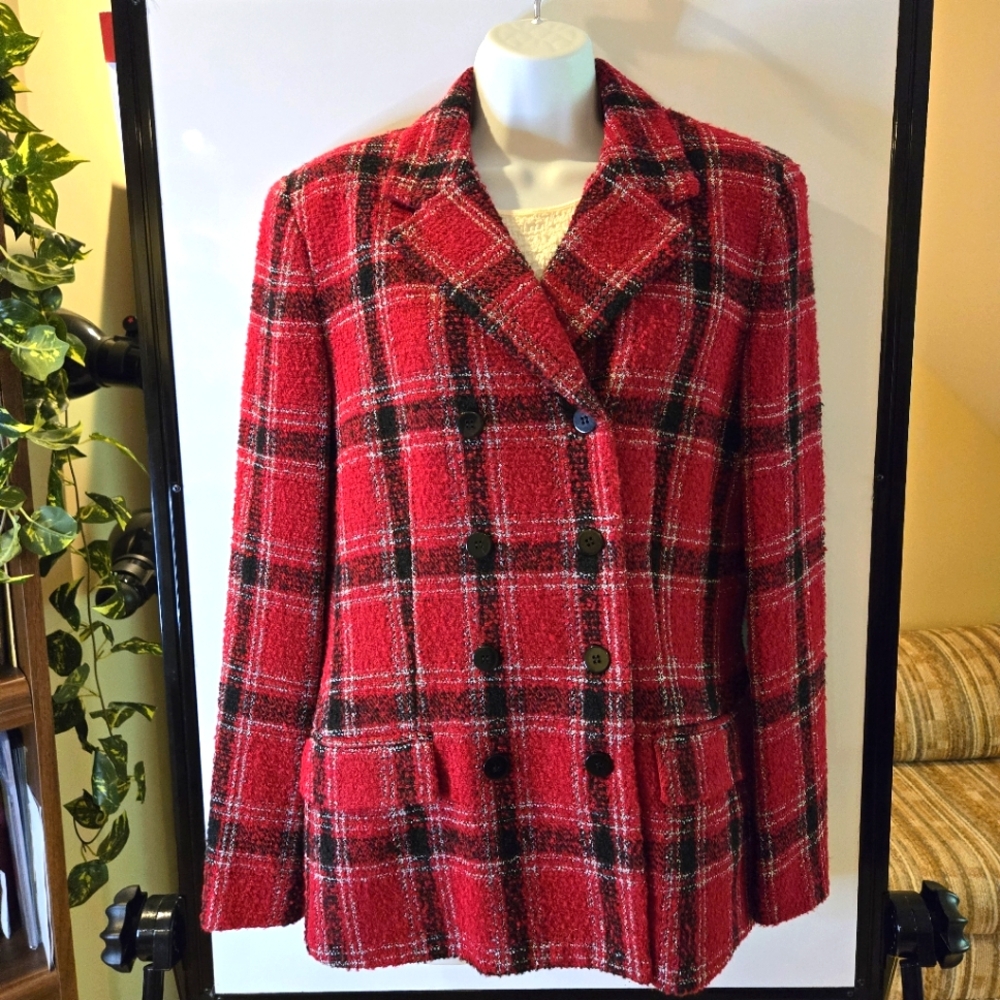 Gianni Sport Double Breasted Red Plaid Woman's Jacket/Blazer, Size 12
